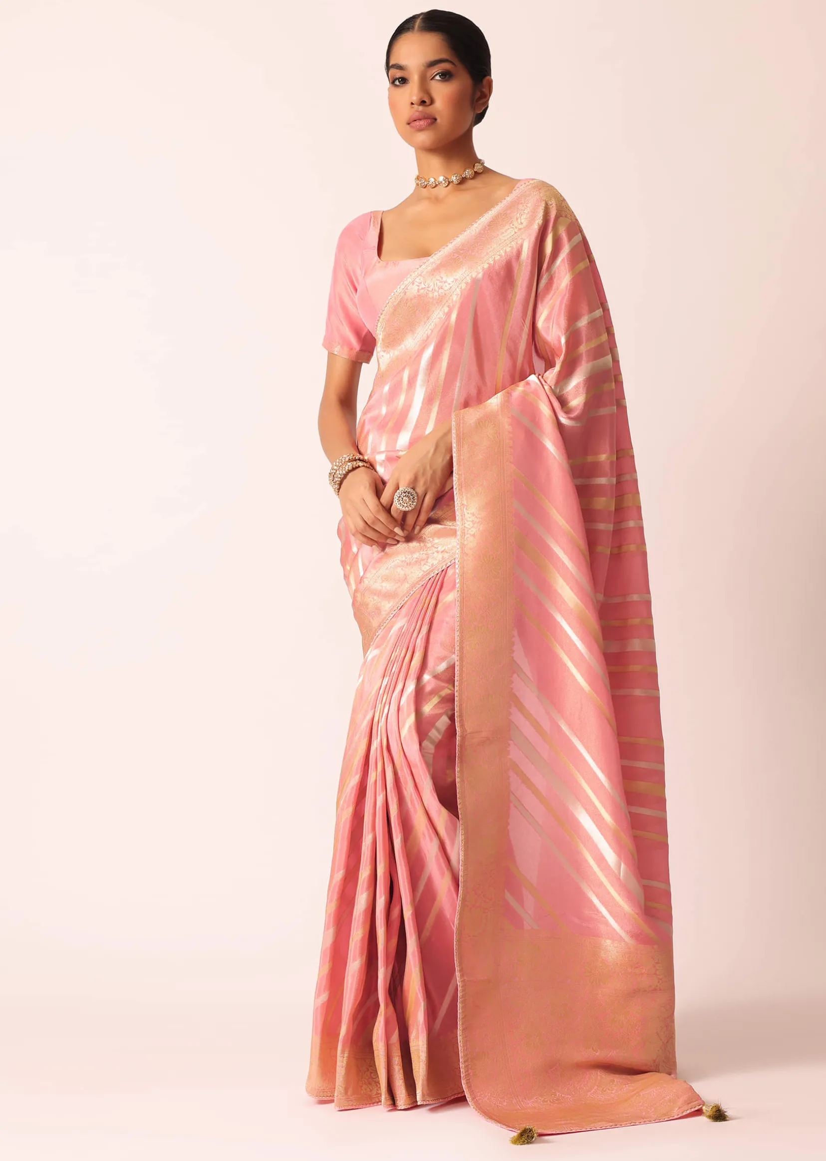 Pink Striped Tissue Silk Saree with Brocade Border Pallu And Unstitched Blouse Piece