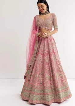 Pink Sweetheart Neck Georgette Cutdana Stonework Lehenga With Net Dupatta
