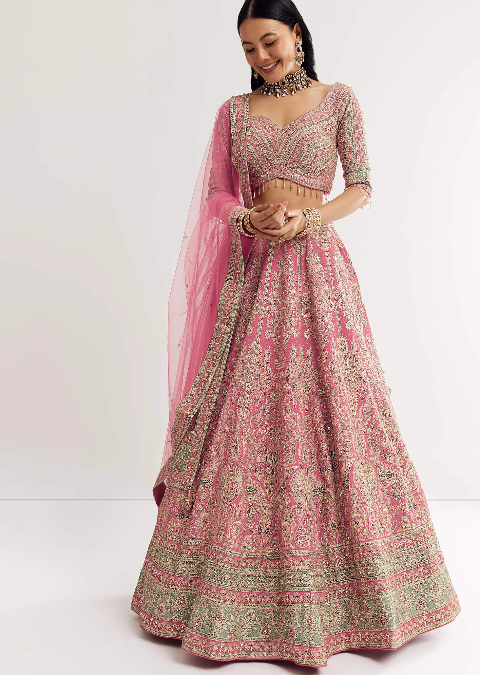 Pink Sweetheart Neck Georgette Cutdana Stonework Lehenga With Net Dupatta