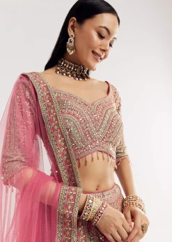 Pink Sweetheart Neck Georgette Cutdana Stonework Lehenga With Net Dupatta