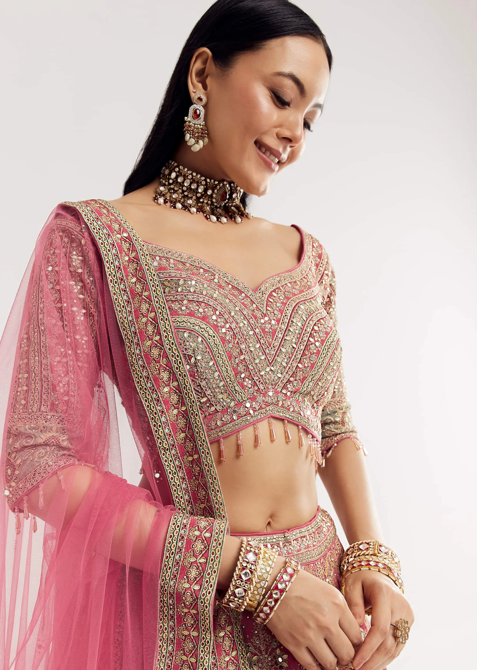 Pink Sweetheart Neck Georgette Cutdana Stonework Lehenga With Net Dupatta