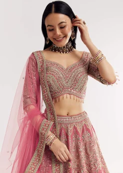 Pink Sweetheart Neck Georgette Cutdana Stonework Lehenga With Net Dupatta