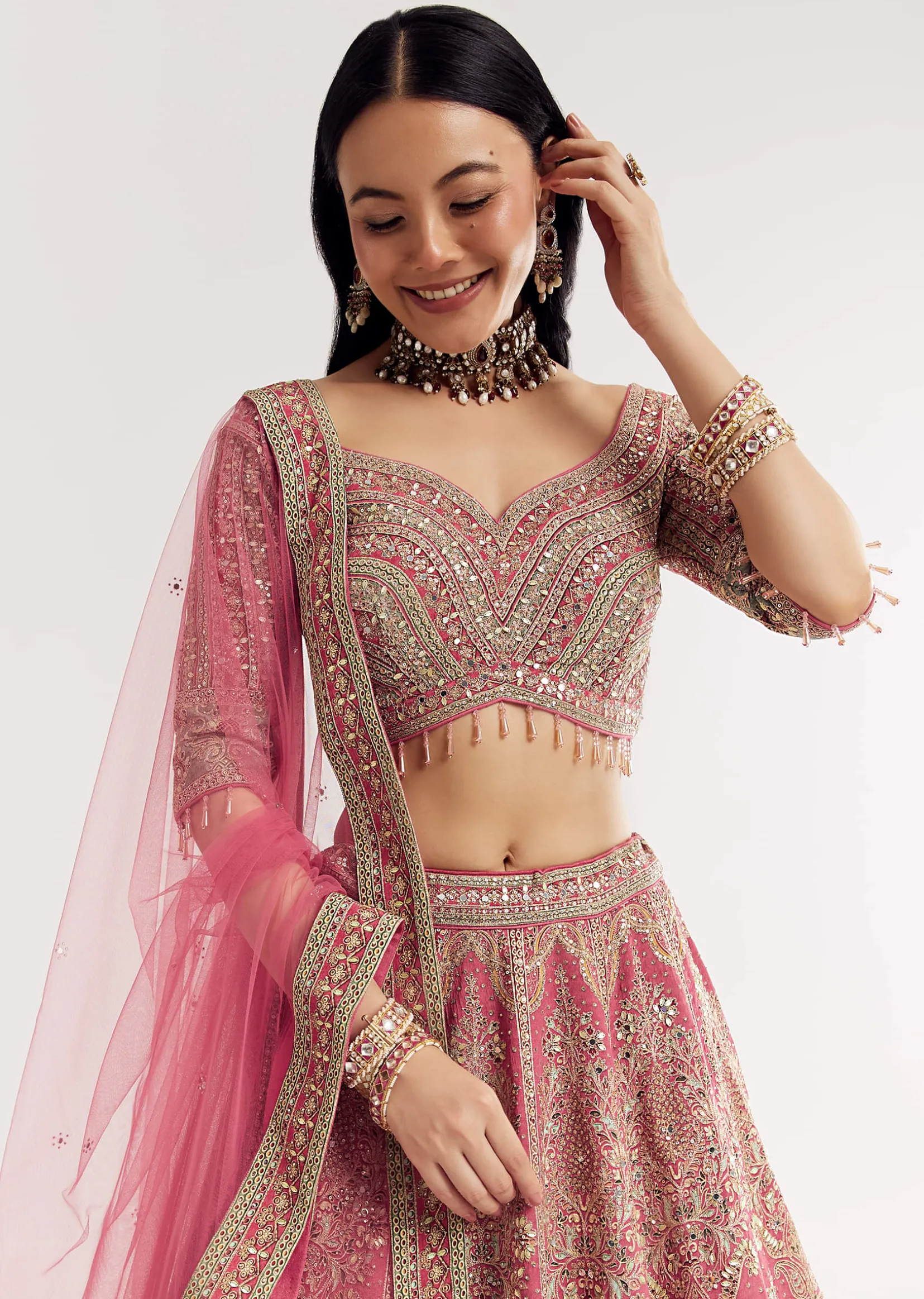 Pink Sweetheart Neck Georgette Cutdana Stonework Lehenga With Net Dupatta