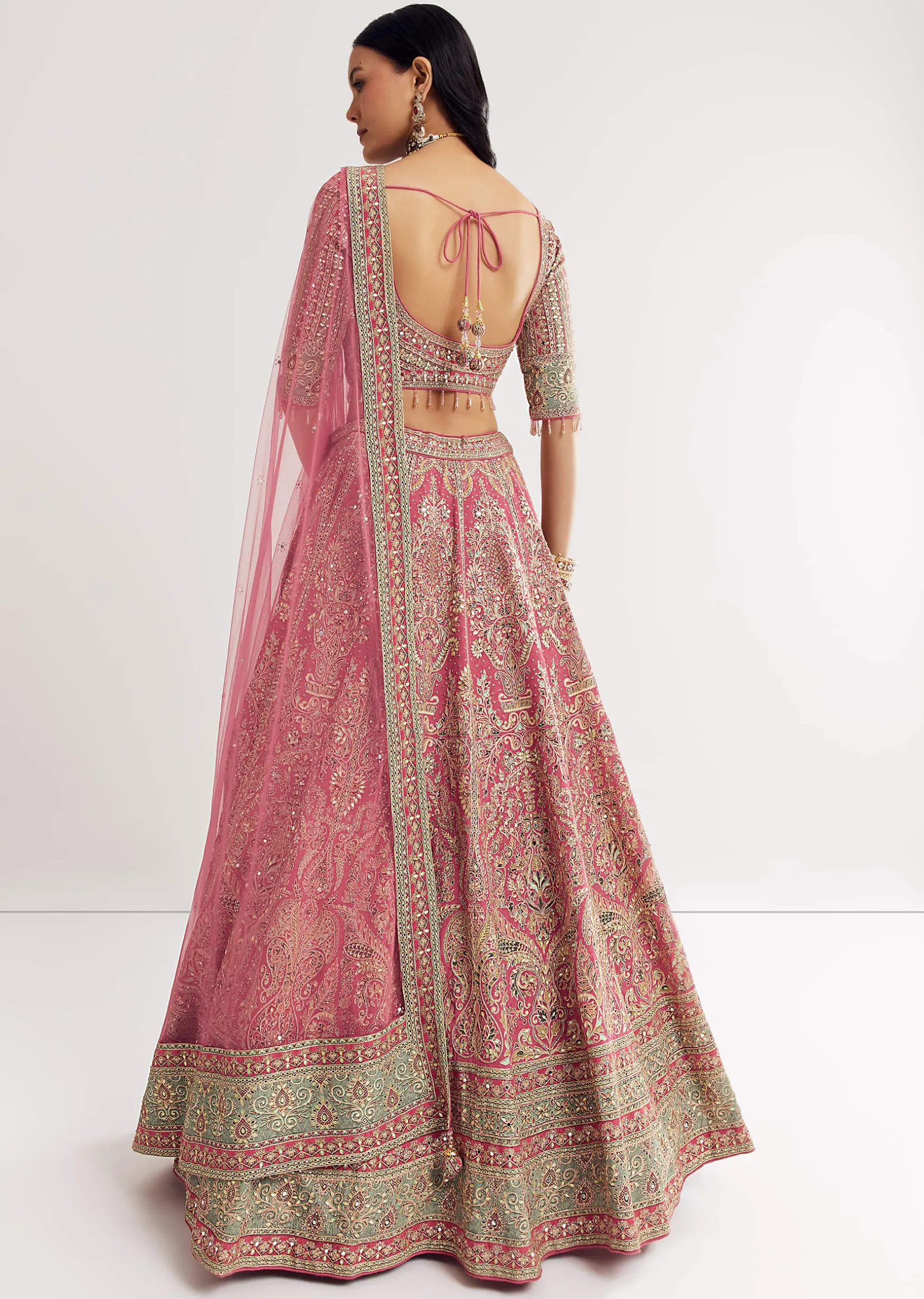 Pink Sweetheart Neck Georgette Cutdana Stonework Lehenga With Net Dupatta