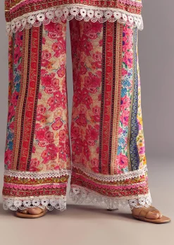 Pink Tabby Silk Floral Print Kurta Palazzo Set With Potli Bag