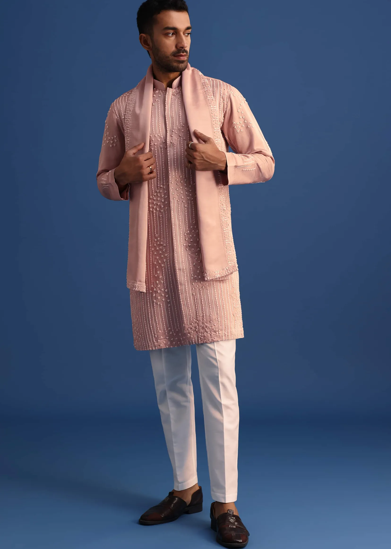 Pink Thread Handowork Kurta Set With Dupatta