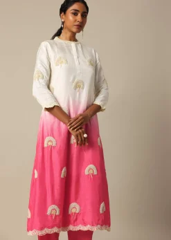 Pink Tie Dye Kurta Set In Cotton Silk
