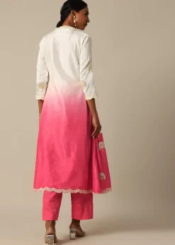 Pink Tie Dye Kurta Set In Cotton Silk