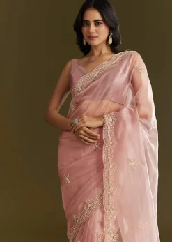 Pink Tissue Embroidered Saree With Cutdana Sequins And Moti