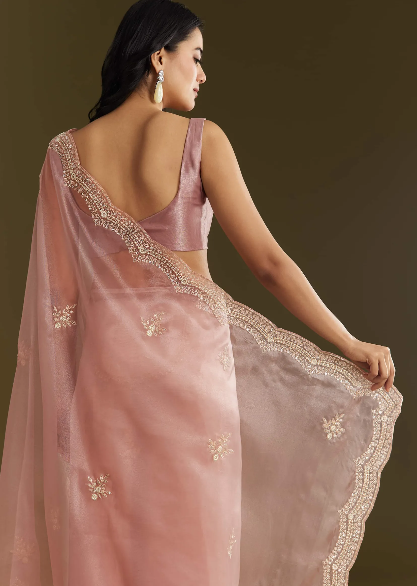Pink Tissue Embroidered Saree With Cutdana Sequins And Moti