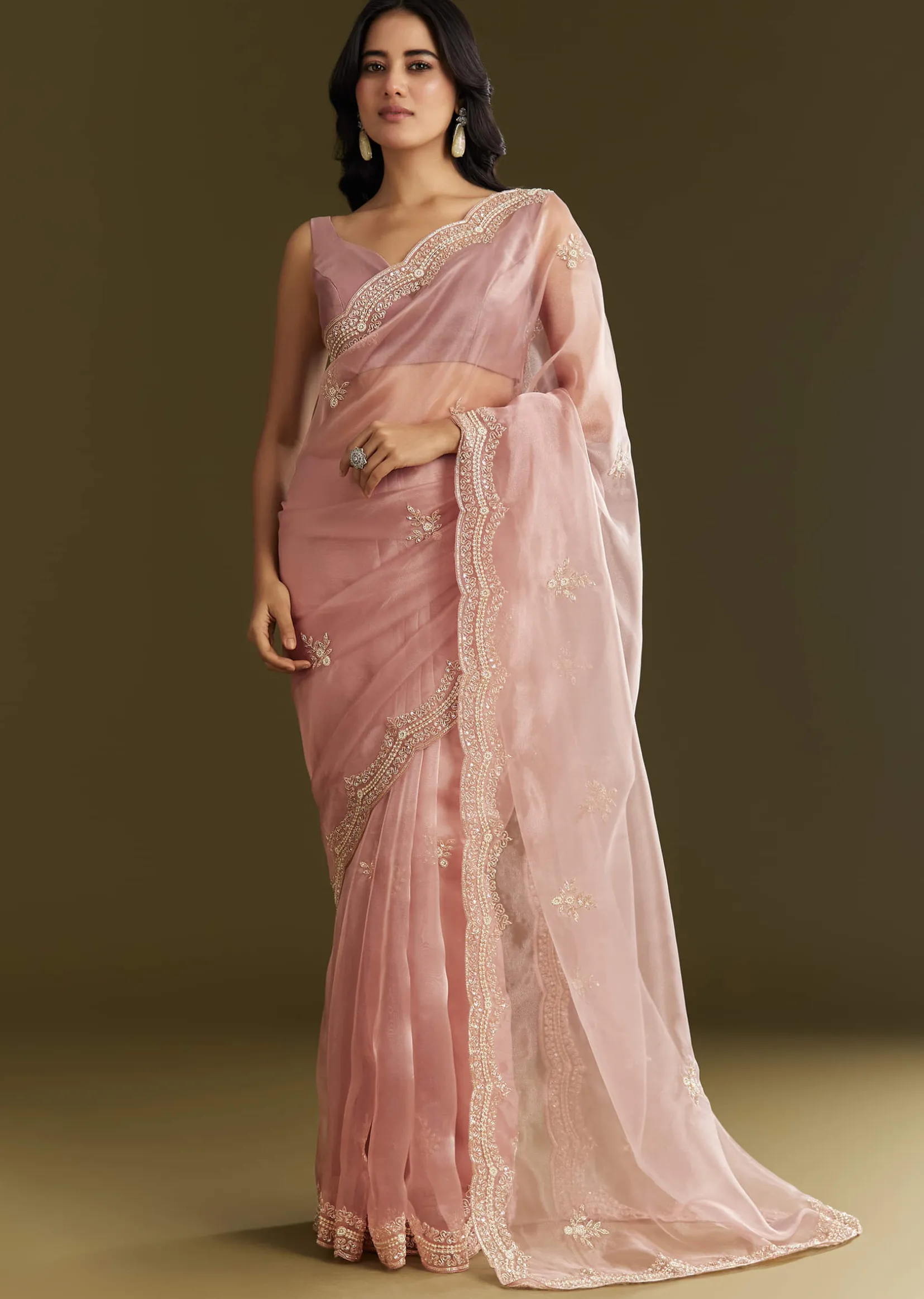 Pink Tissue Embroidered Saree With Cutdana Sequins And Moti