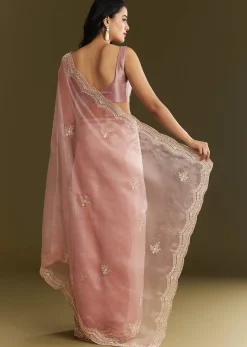 Pink Tissue Embroidered Saree With Cutdana Sequins And Moti