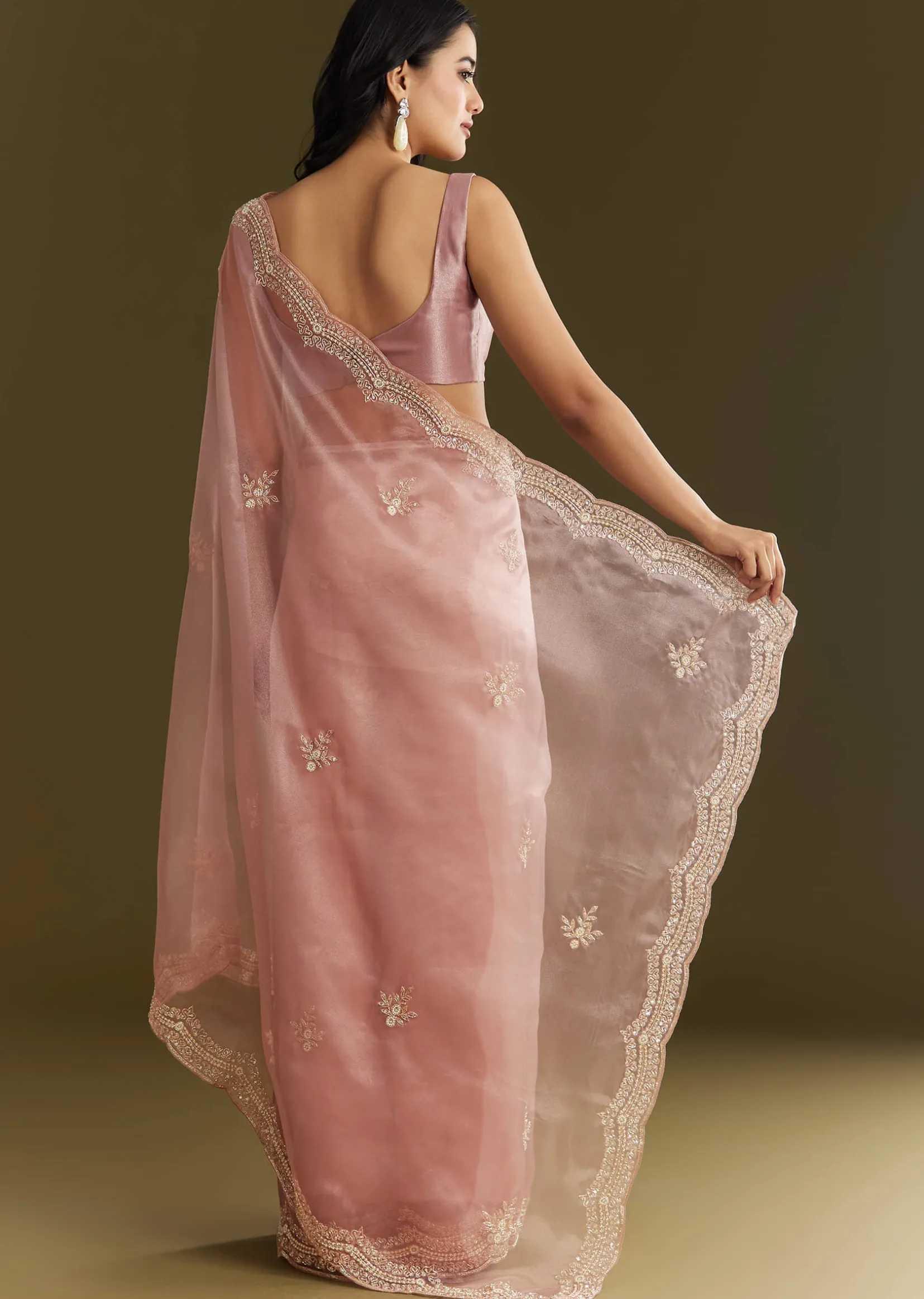Pink Tissue Embroidered Saree With Cutdana Sequins And Moti