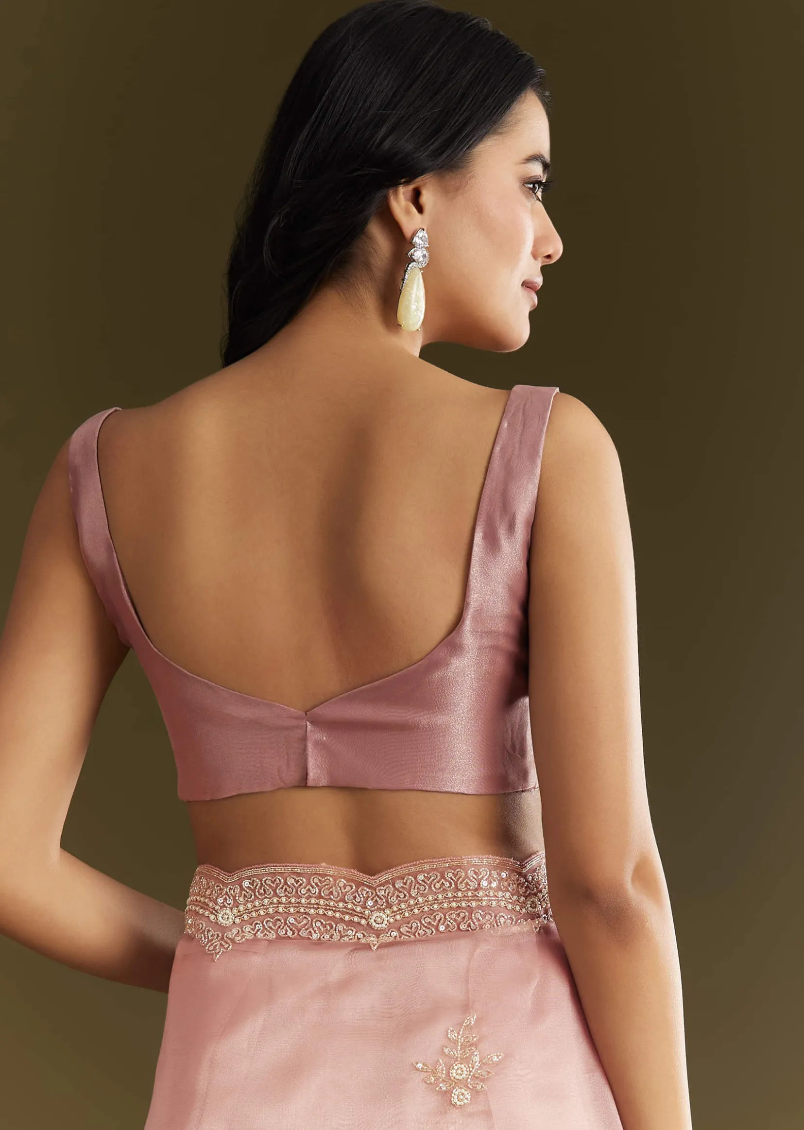 Pink Tissue Embroidered Saree With Cutdana Sequins And Moti