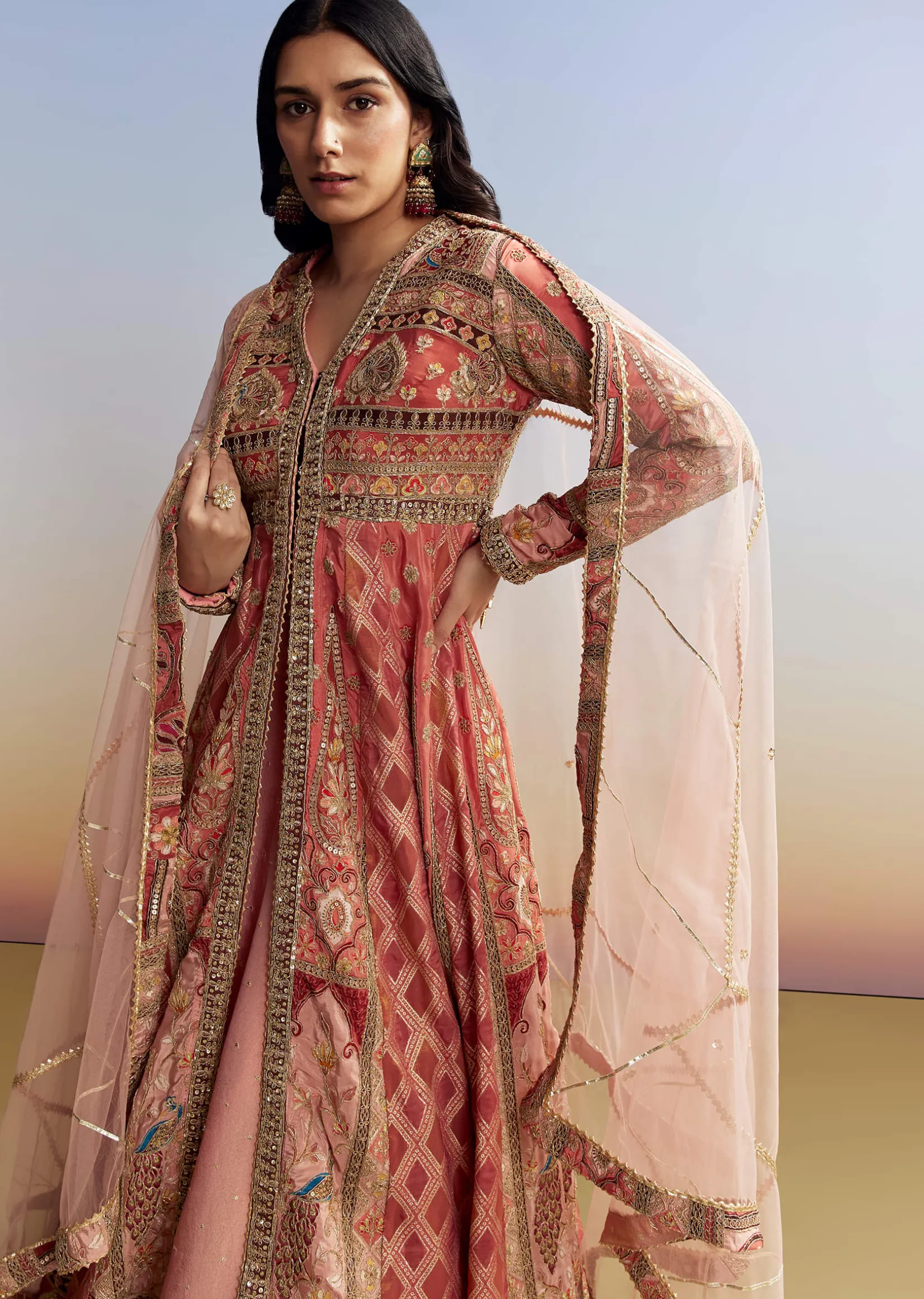 Pink Tissue Kurta Lehenga Set