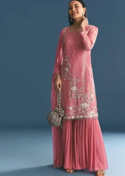 Pink Tissue Kurta Sharara Suit With Moti Cut Dana Work