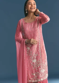 Pink Tissue Kurta Sharara Suit With Moti Cut Dana Work