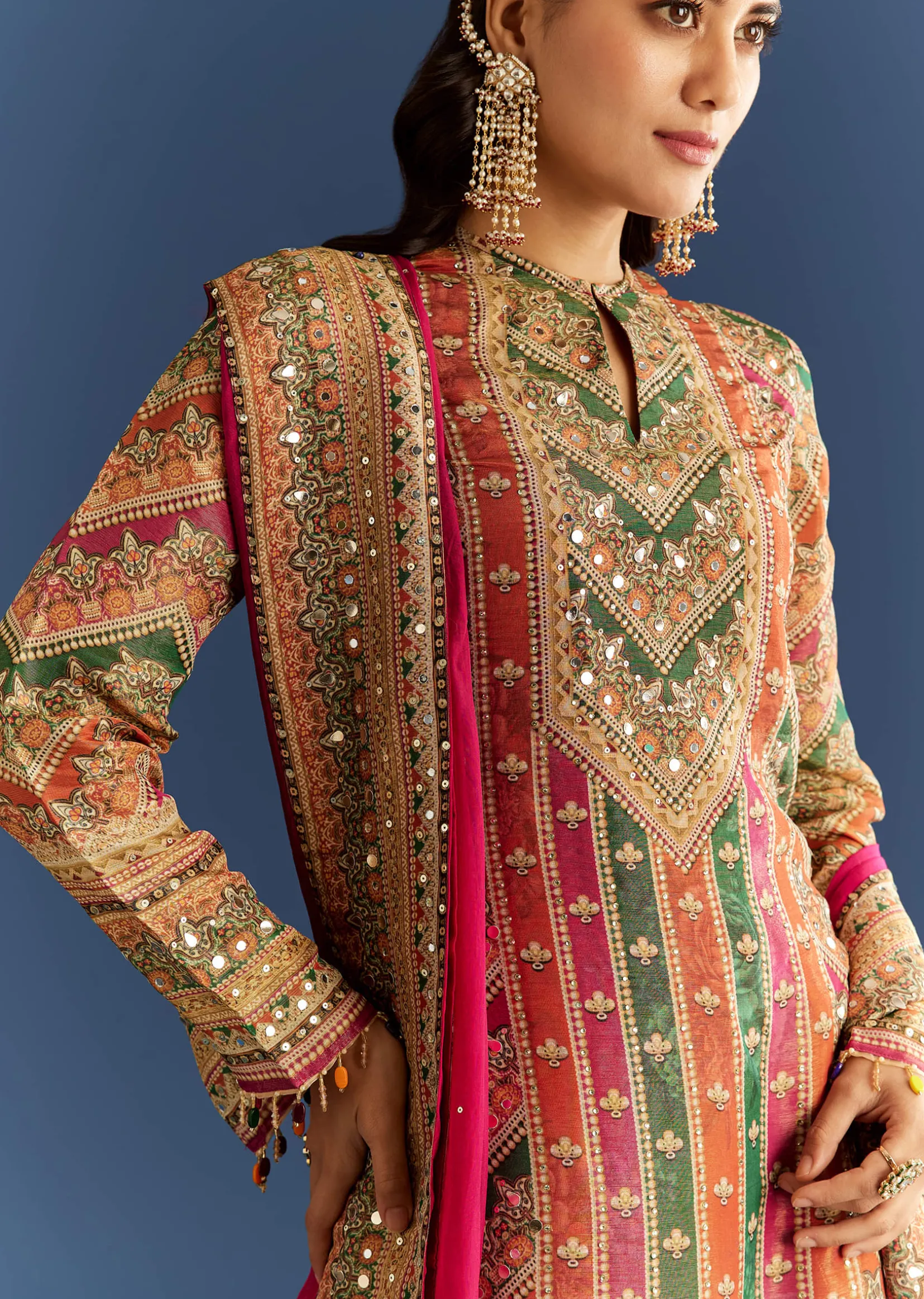 Pink Tissue Kurta With Organza Palazzo And Dupatta