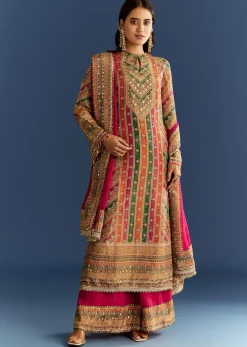 Pink Tissue Kurta With Organza Palazzo And Dupatta