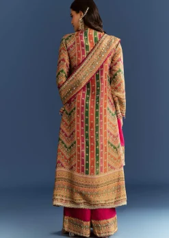 Pink Tissue Kurta With Organza Palazzo And Dupatta