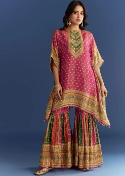 Pink Tissue Mirror Stone Embroidered Kurta With Printed Sharara