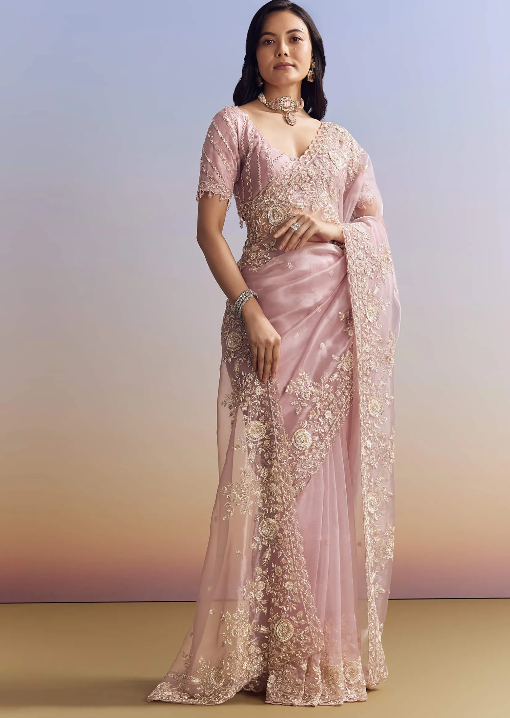 Pink Tissue Saree Adorned With Scallop Border And Heavy Embroidery
