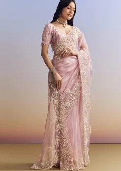 Pink Tissue Saree Adorned With Scallop Border And Heavy Embroidery