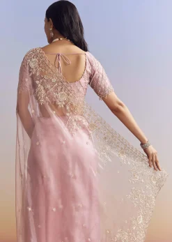 Pink Tissue Saree Adorned With Scallop Border And Heavy Embroidery