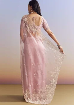 Pink Tissue Saree Adorned With Scallop Border And Heavy Embroidery