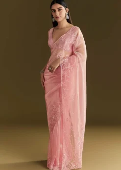 Pink Tissue Saree With Heavy Cutdana And Beads Embroidery