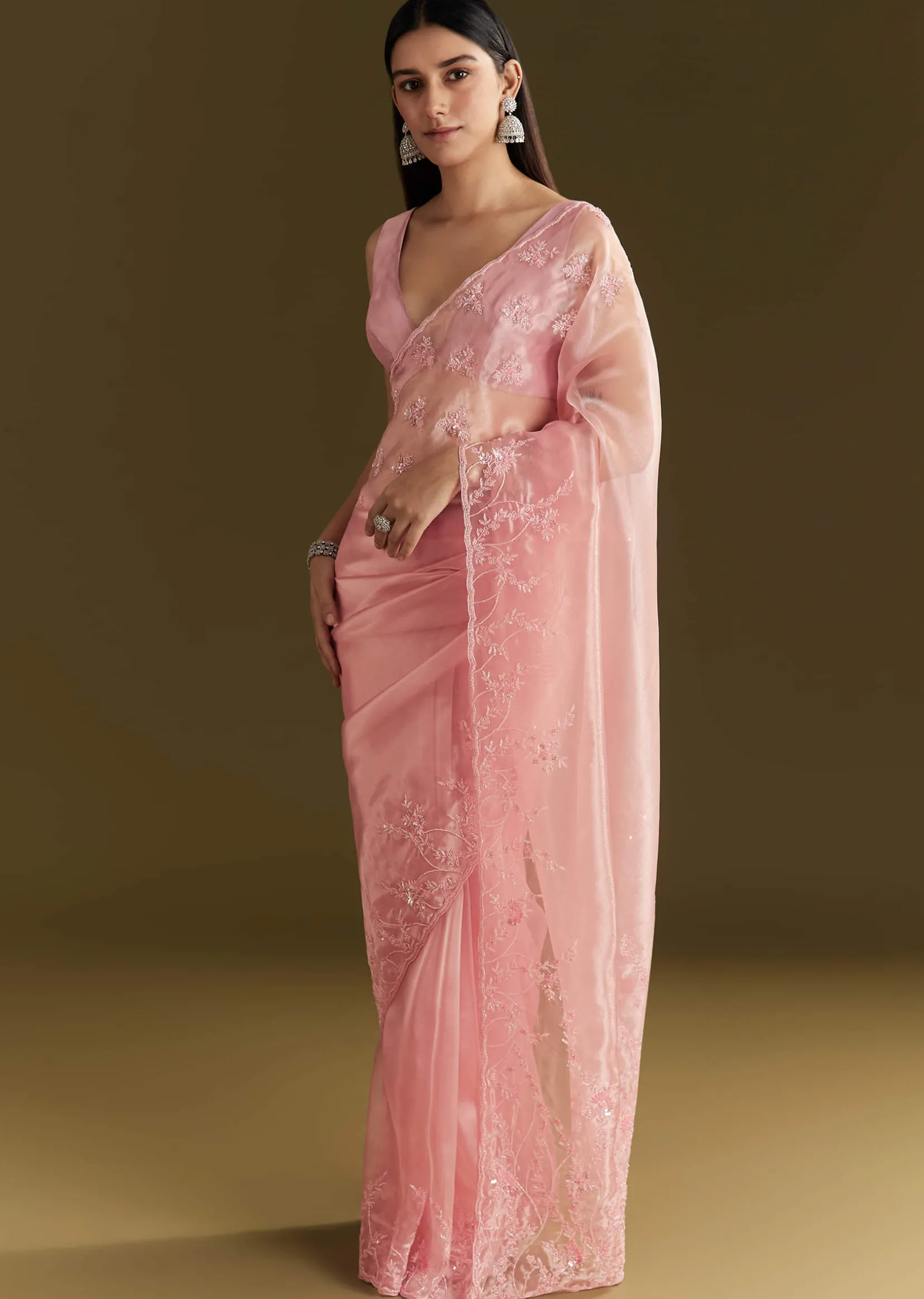 Pink Tissue Saree With Heavy Cutdana And Beads Embroidery