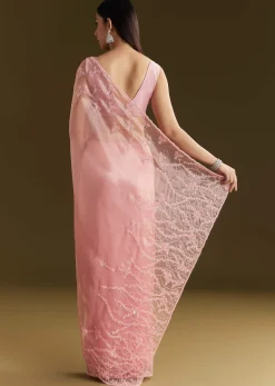 Pink Tissue Saree With Heavy Cutdana And Beads Embroidery