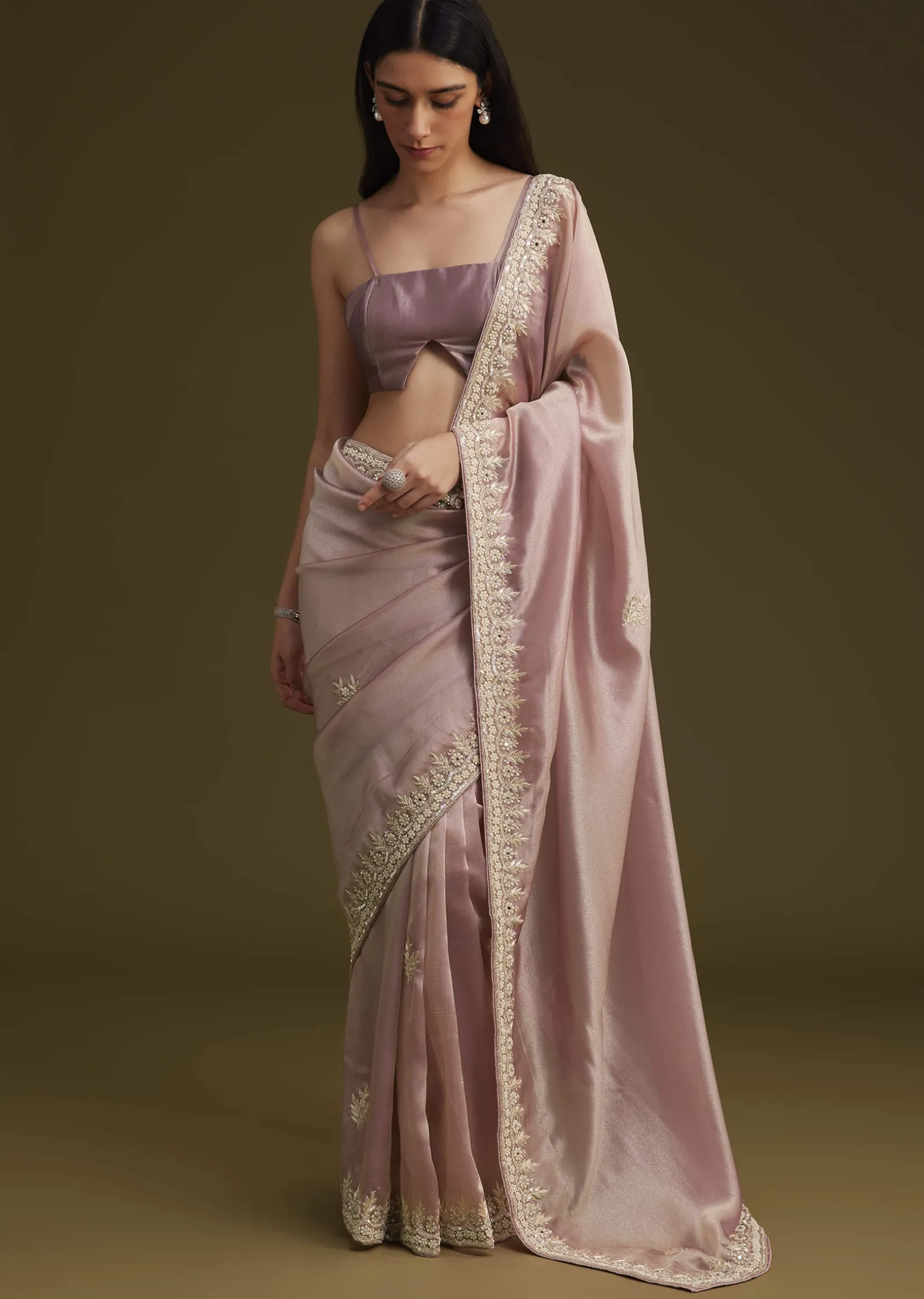 Pink Tissue Saree With Mirror And Sequins Embroidery