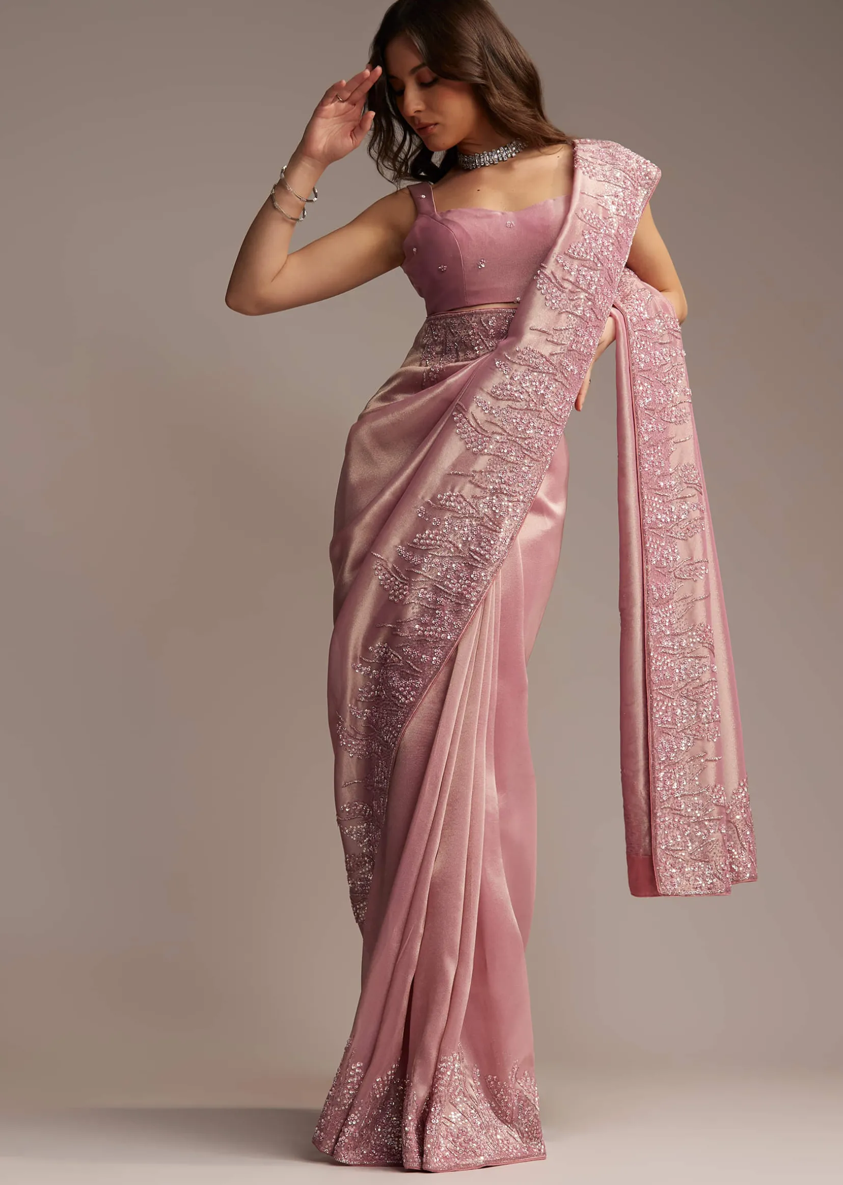 Pink Tissue Saree with Sequins and Cutdana Embroidery