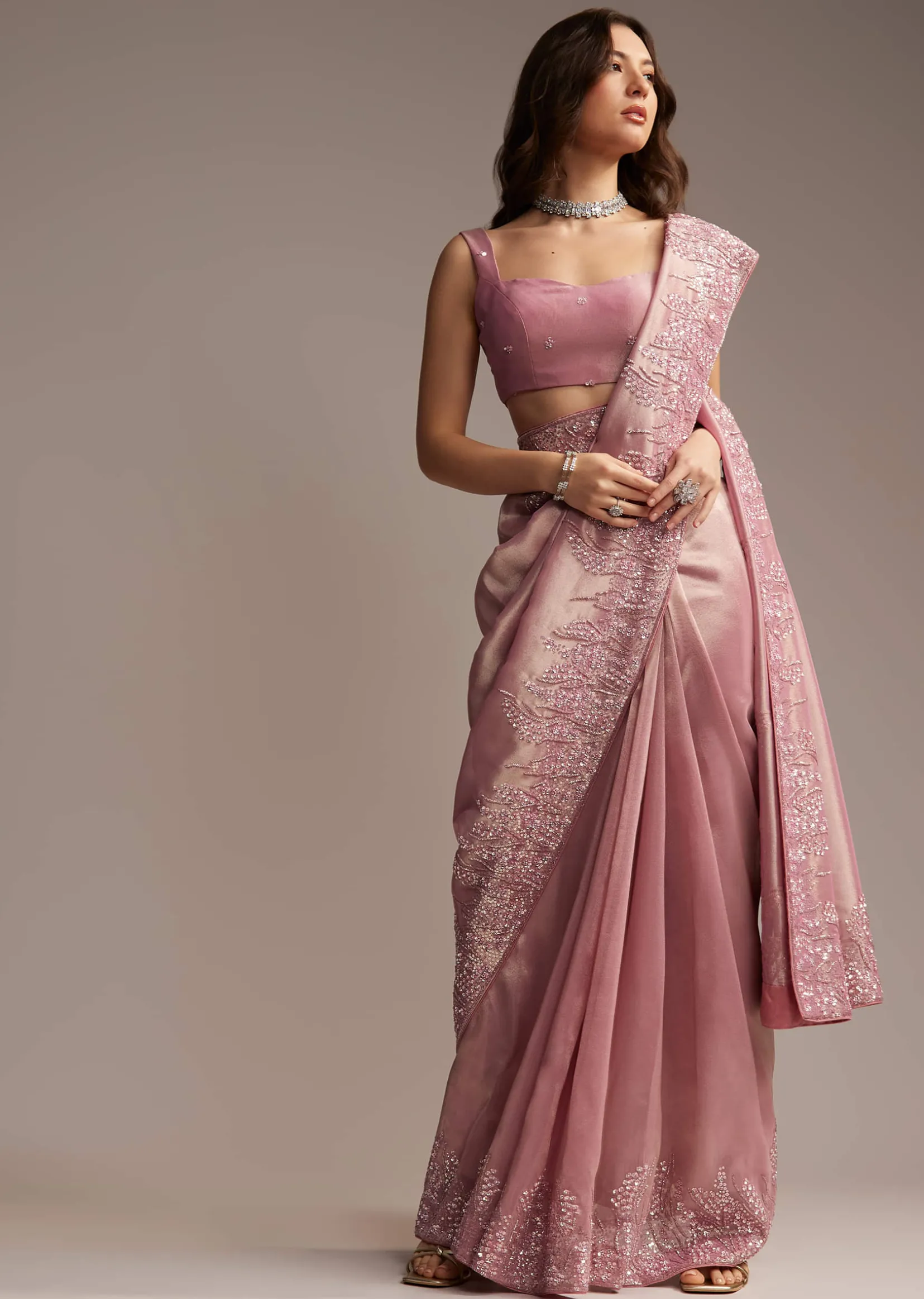 Pink Tissue Saree with Sequins and Cutdana Embroidery