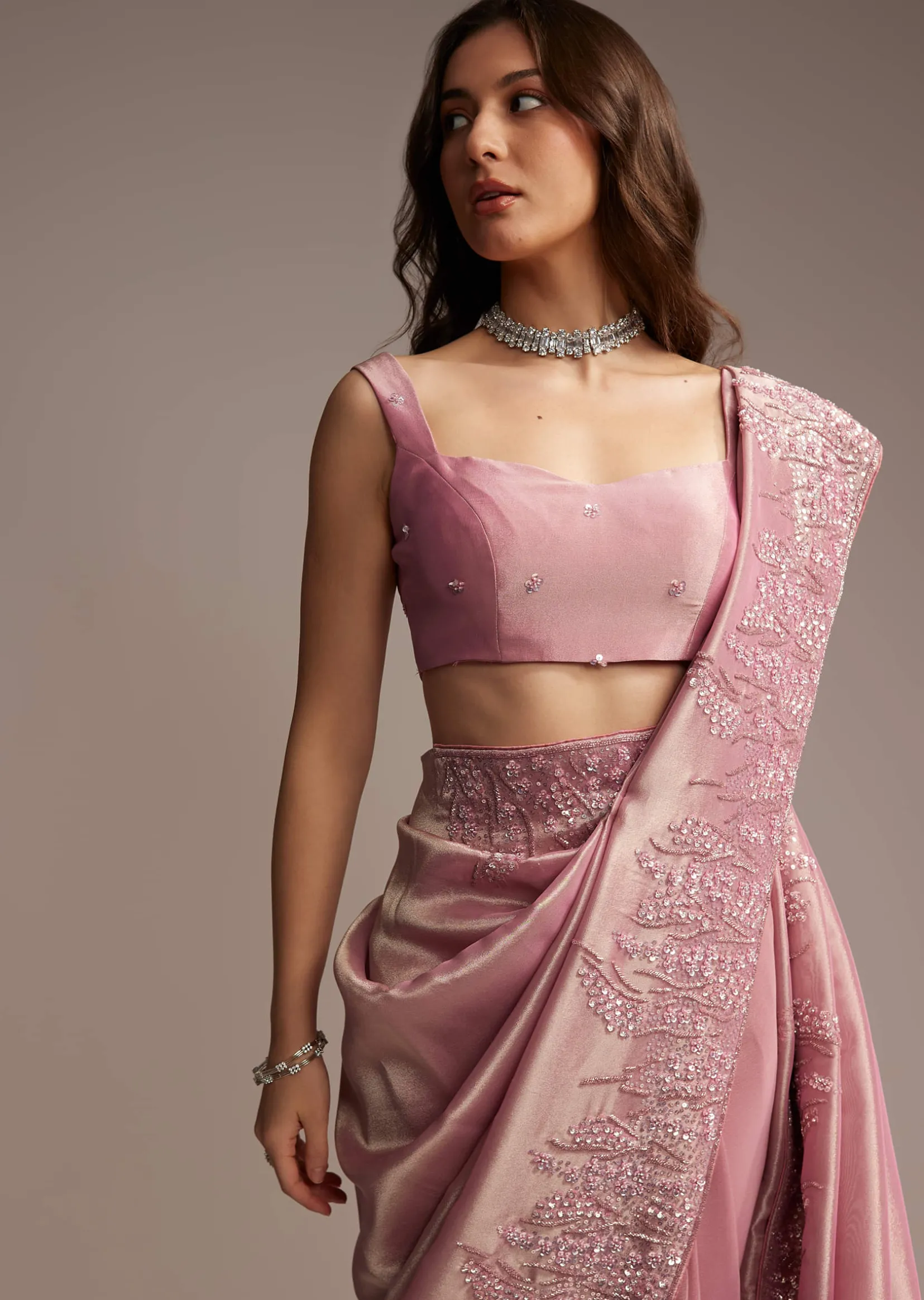 Pink Tissue Saree with Sequins and Cutdana Embroidery