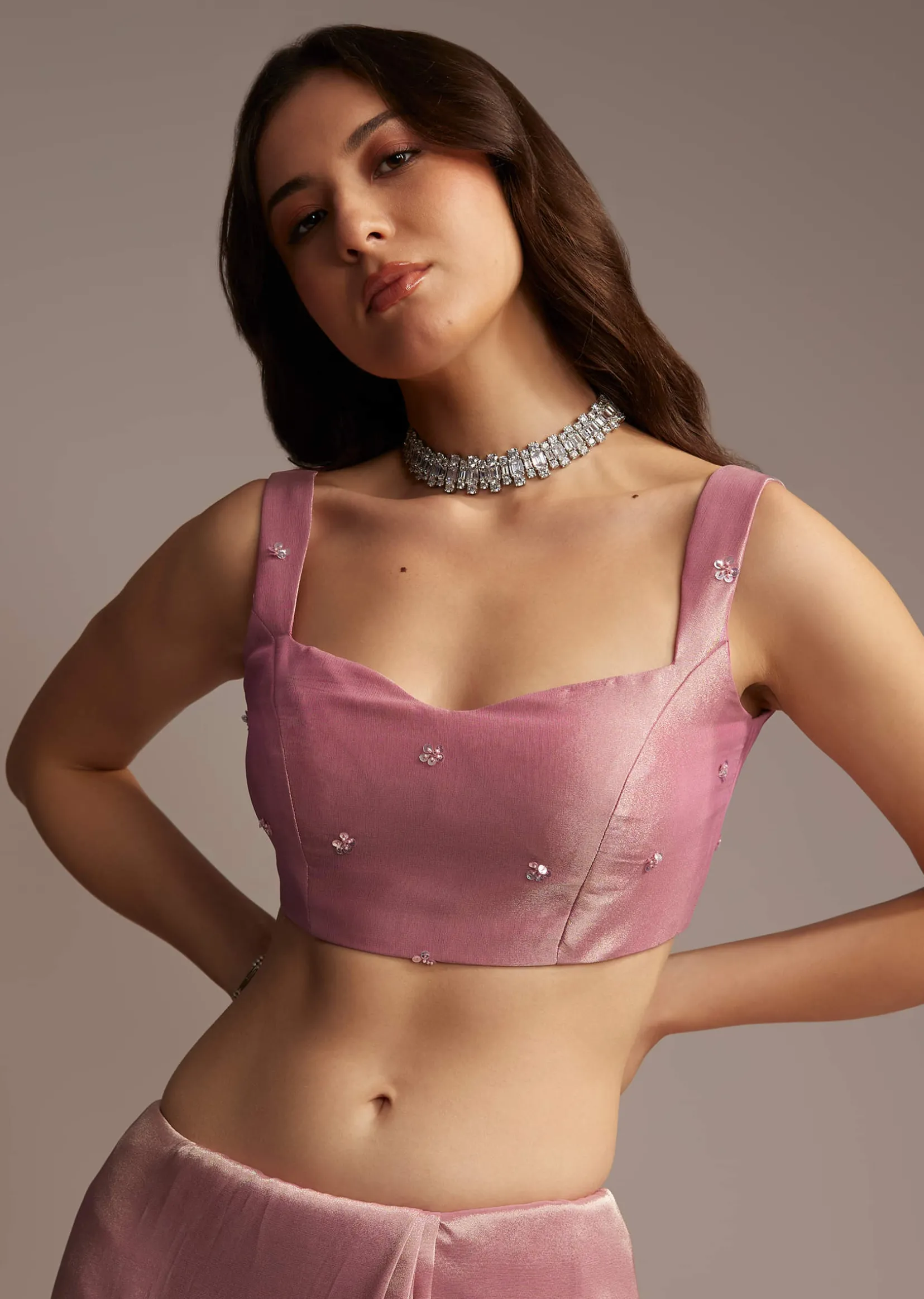 Pink Tissue Saree with Sequins and Cutdana Embroidery
