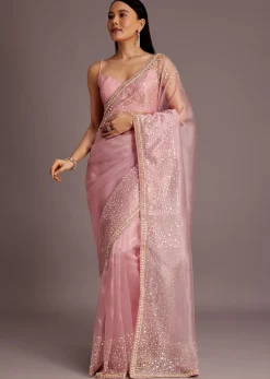 Pink Tissue Saree With Sequins Embellished Border
