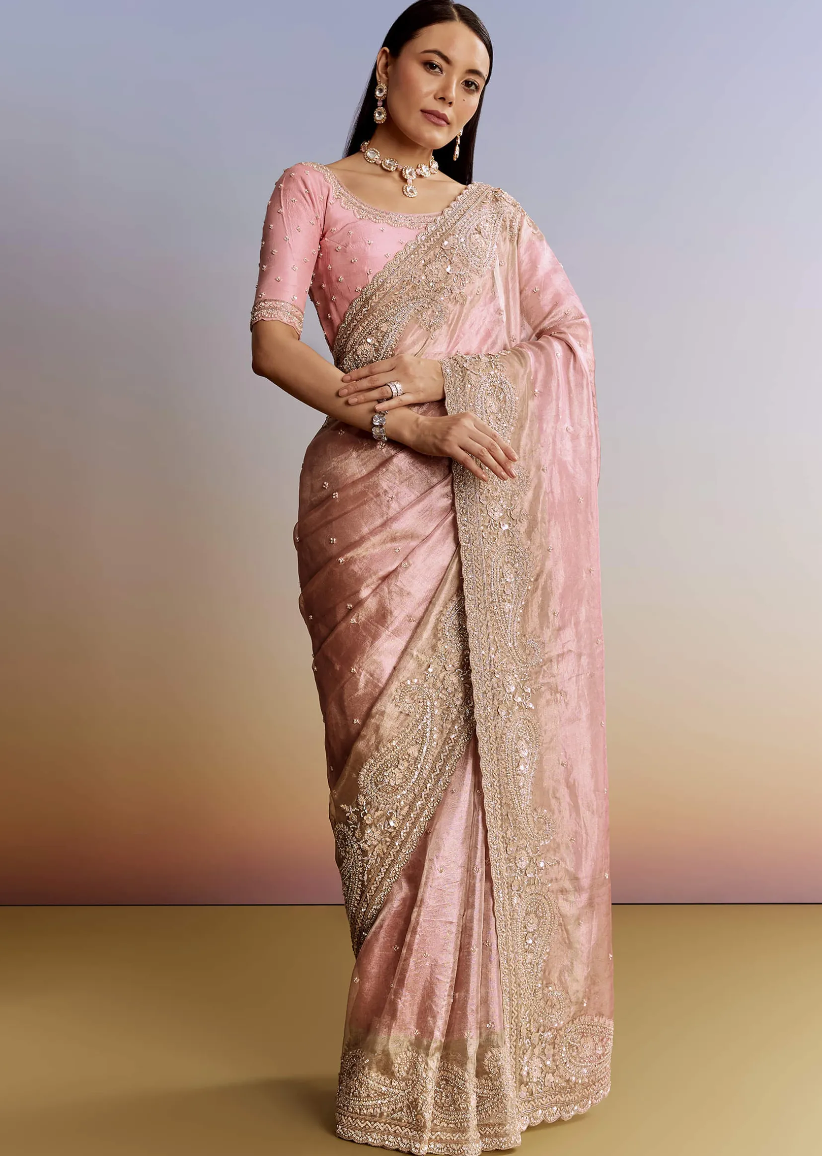 Pink Tissue Saree With Zardosi Moti And Cutdana Blouse