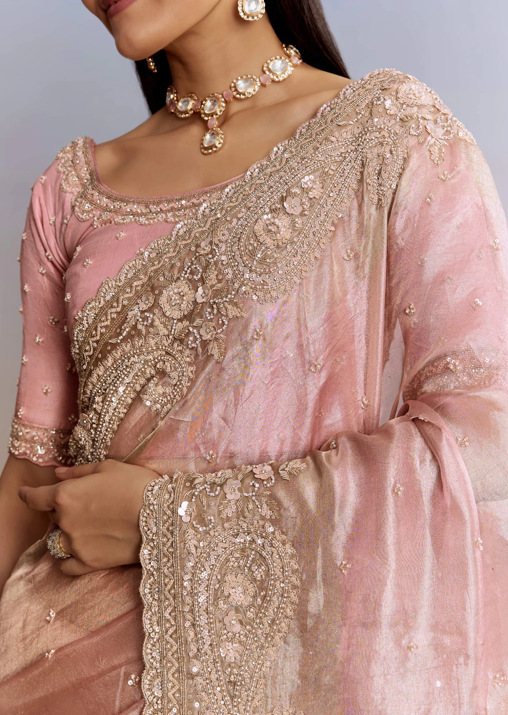 Pink Tissue Saree With Zardosi Moti And Cutdana Blouse