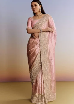 Pink Tissue Saree With Zardosi Moti And Cutdana Blouse