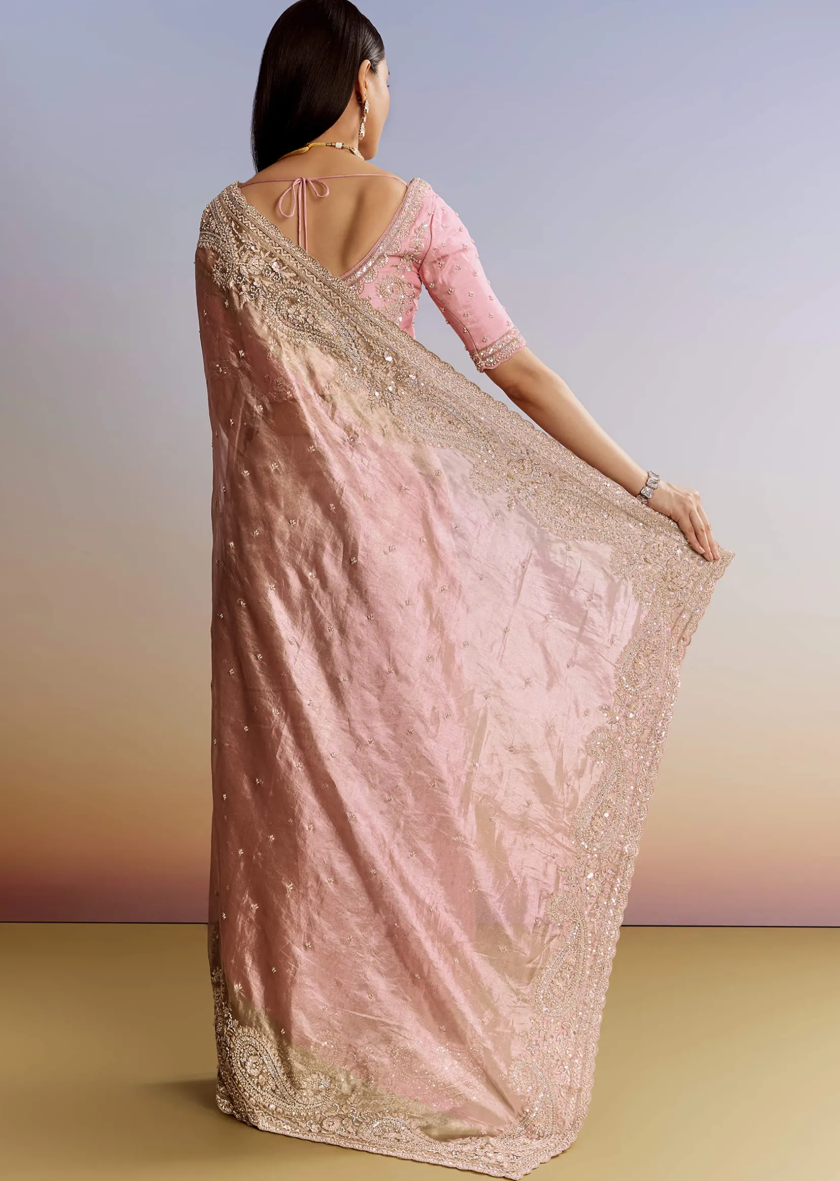 Pink Tissue Saree With Zardosi Moti And Cutdana Blouse