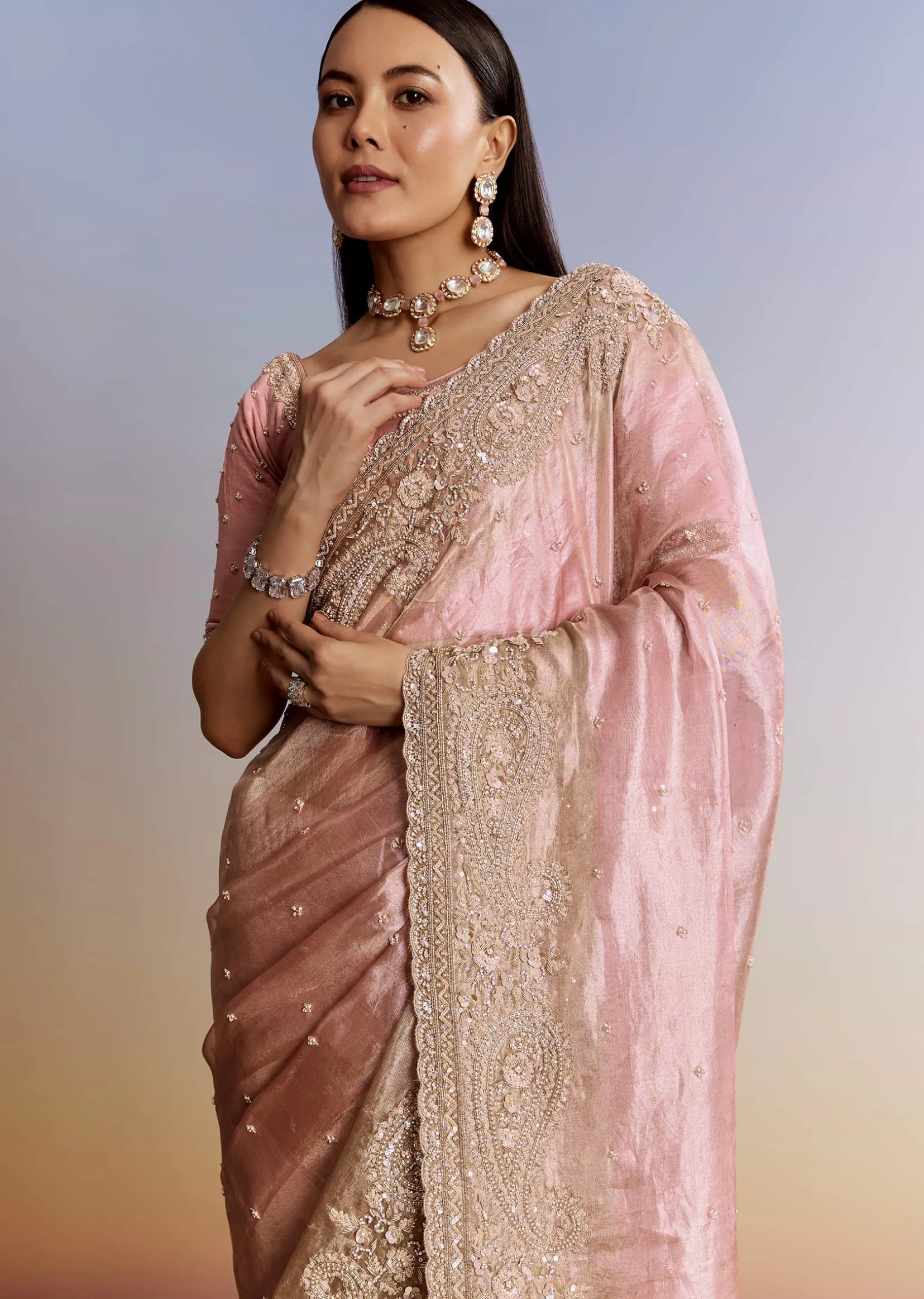 Pink Tissue Saree With Zardosi Moti And Cutdana Blouse