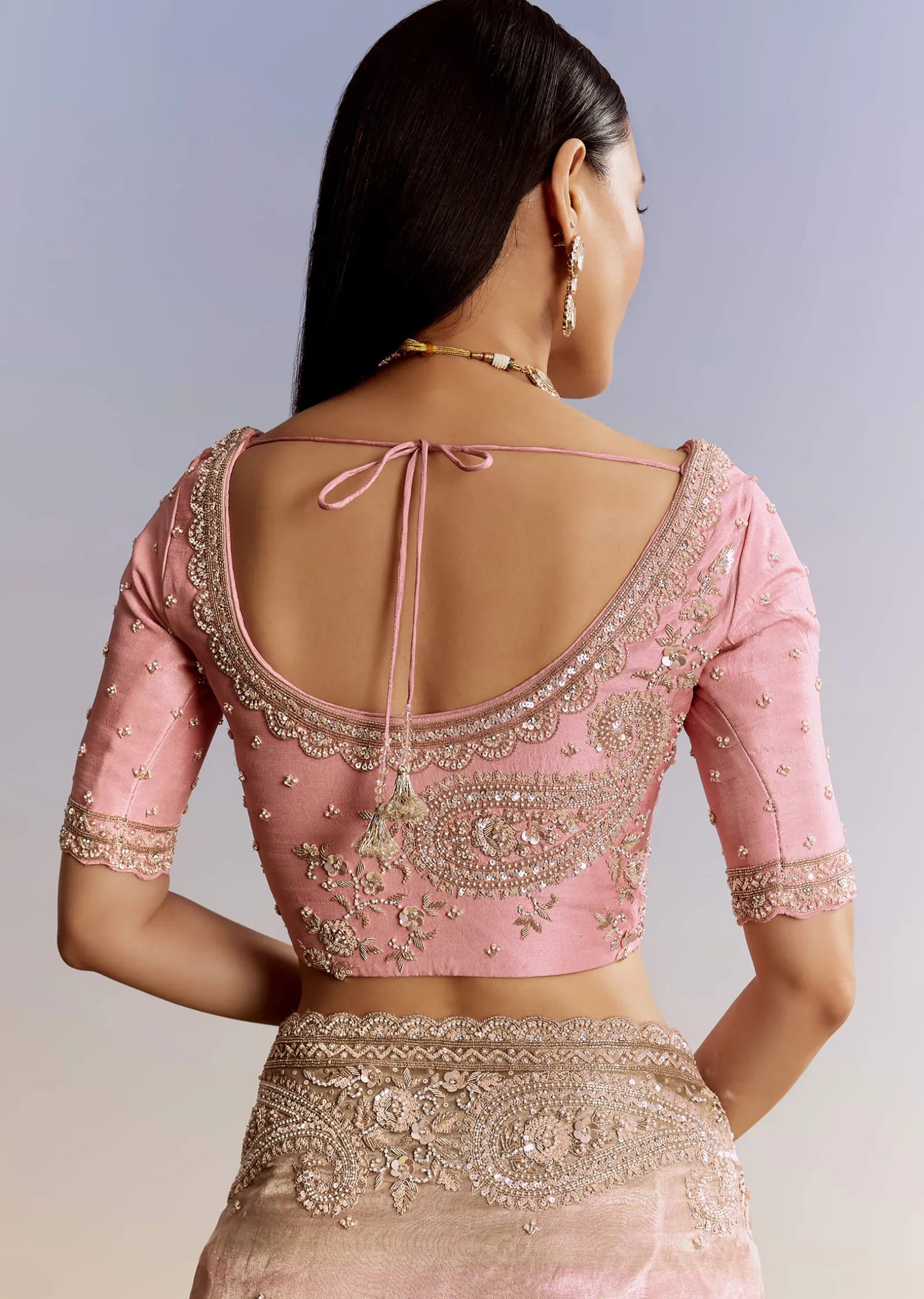Pink Tissue Saree With Zardosi Moti And Cutdana Blouse