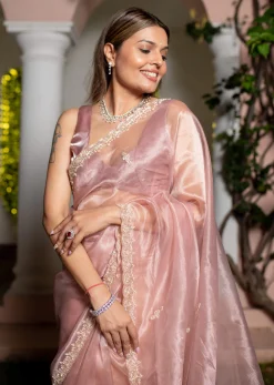 Pink Tissue Silk Cutdana Work Saree With Embellished Scallop Border