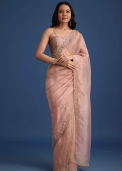 Pink Tissue Silk Cutdana Work Saree With Embellished Scallop Border