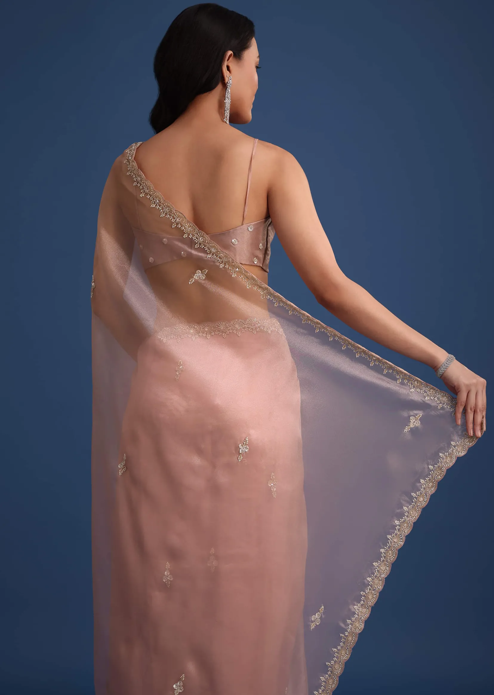 Pink Tissue Silk Cutdana Work Saree With Embellished Scallop Border