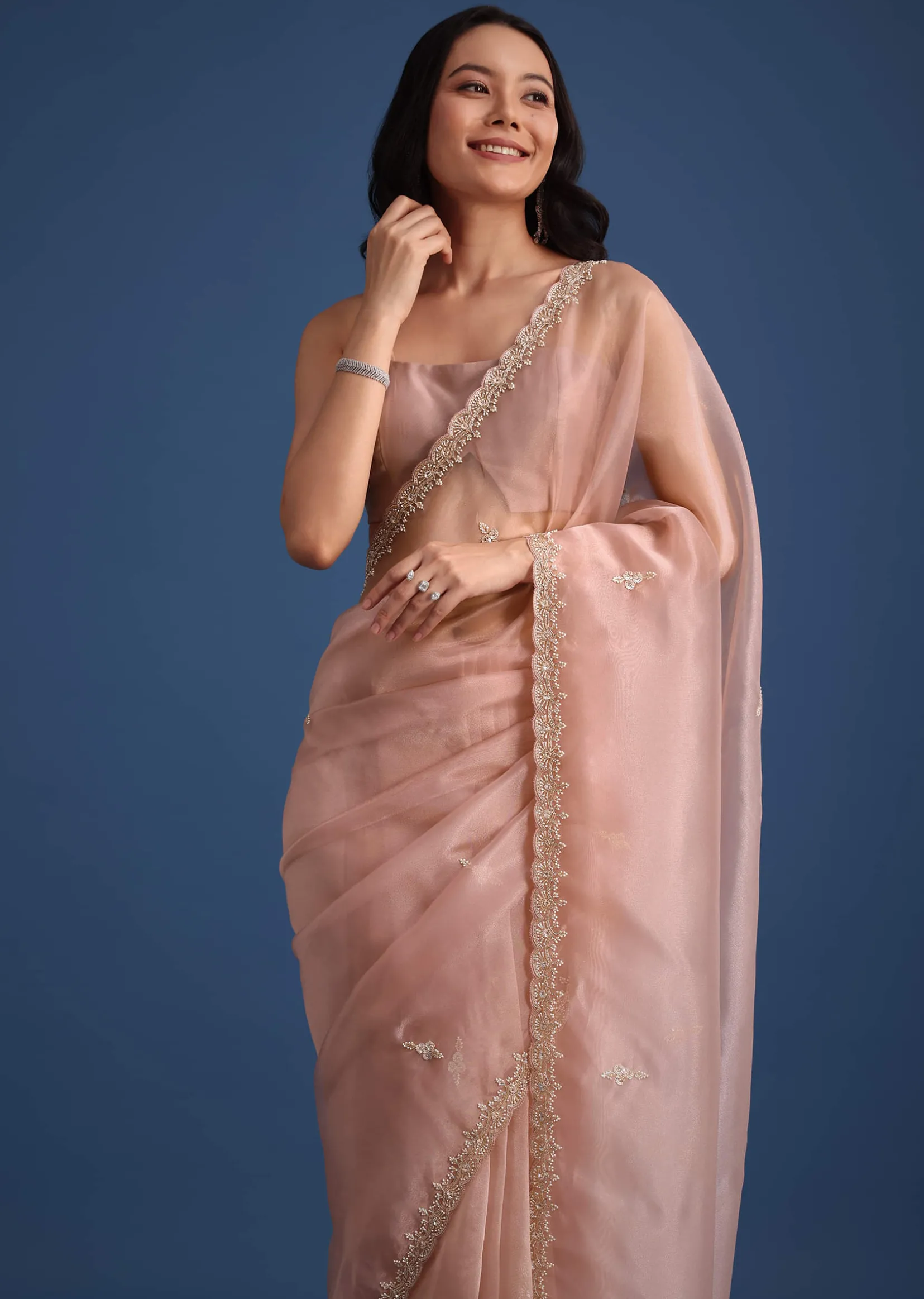 Pink Tissue Silk Cutdana Work Saree With Embellished Scallop Border
