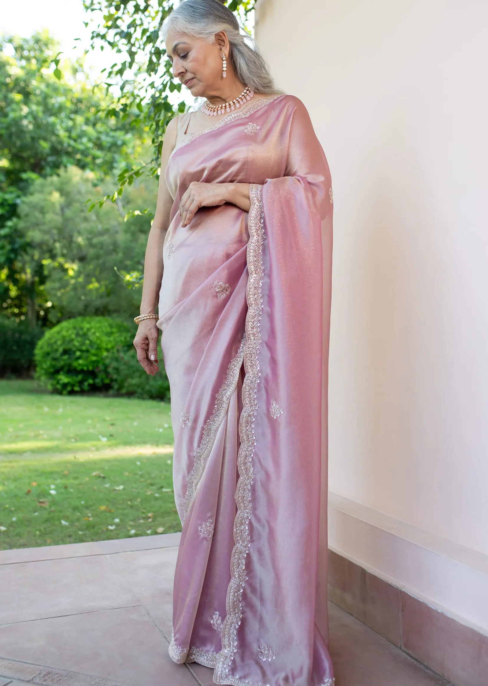 Pink Tissue Silk Embroidered Saree With Embellished Scallop Border