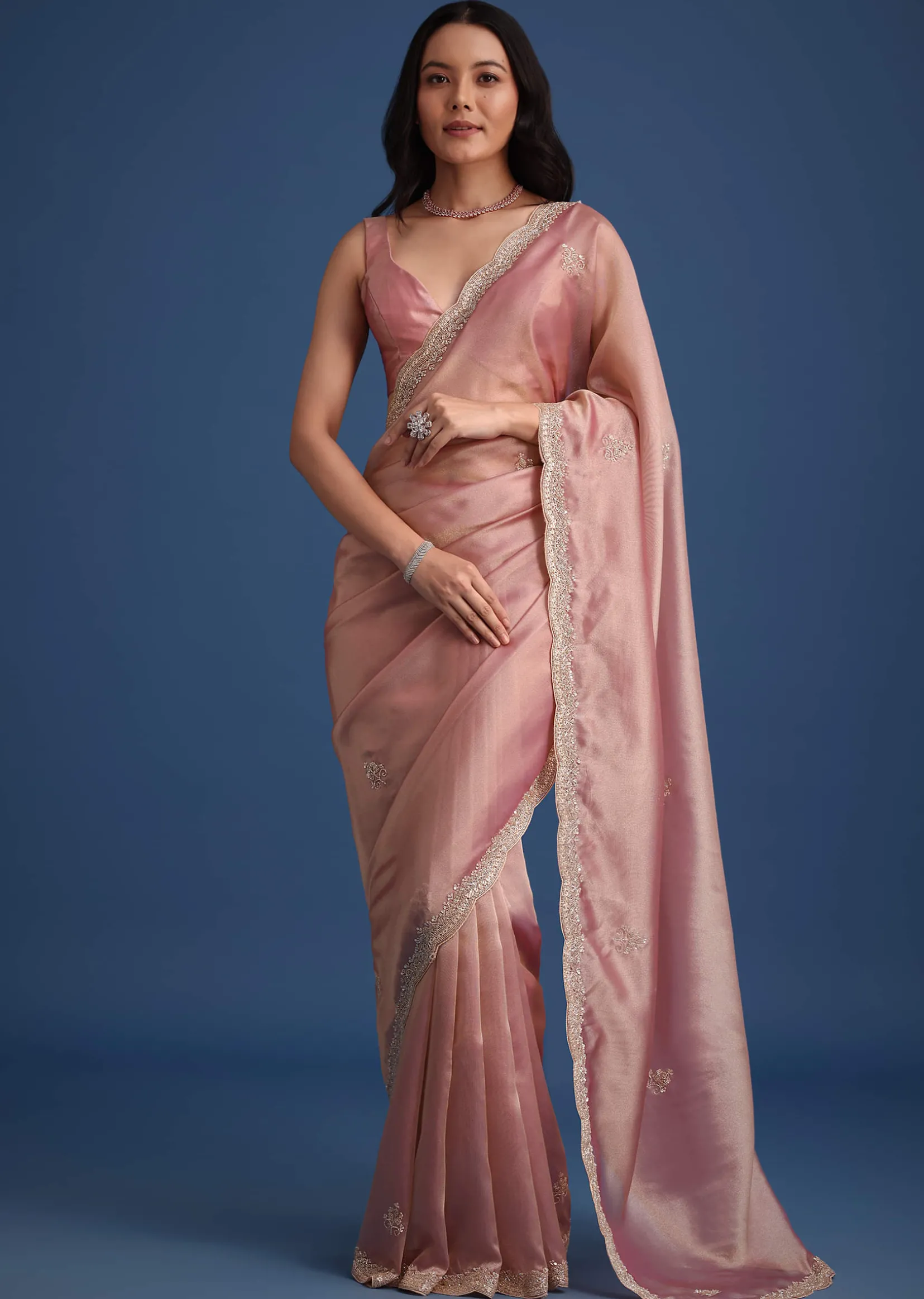 Pink Tissue Silk Embroidered Saree With Embellished Scallop Border